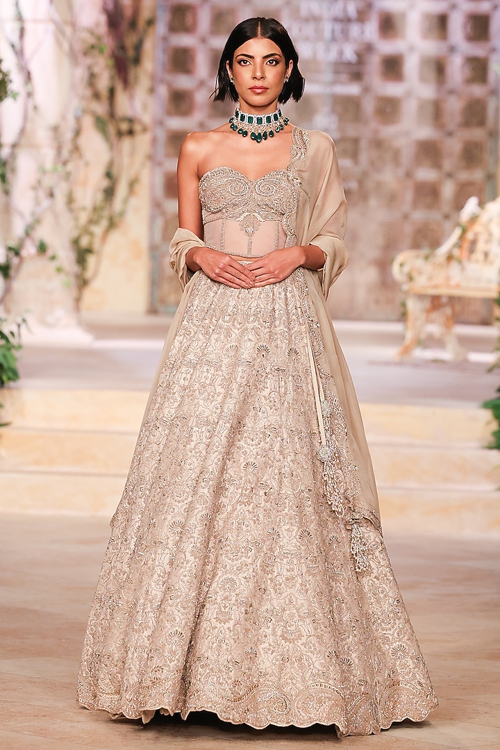 Beige Raw Silk Dori Hand Embroidered Bridal Lehenga Set by Jayanti Reddy at Pernia's Pop Up Shop