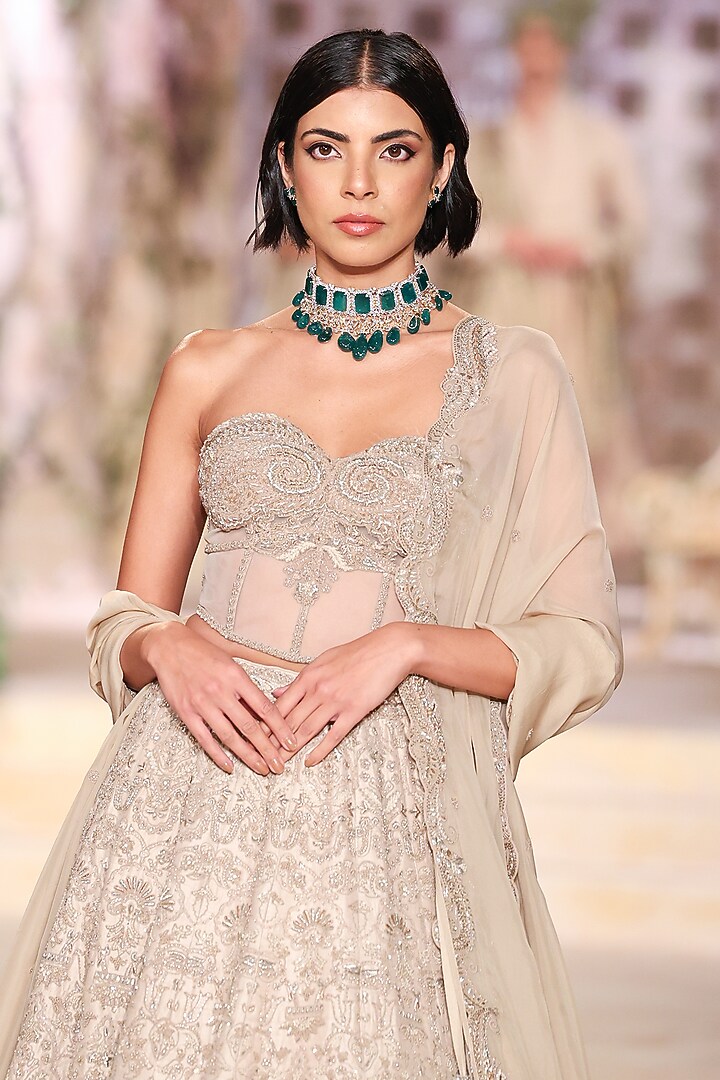 Beige Raw Silk Dori Hand Embroidered Bridal Lehenga Set by Jayanti Reddy at Pernia's Pop Up Shop