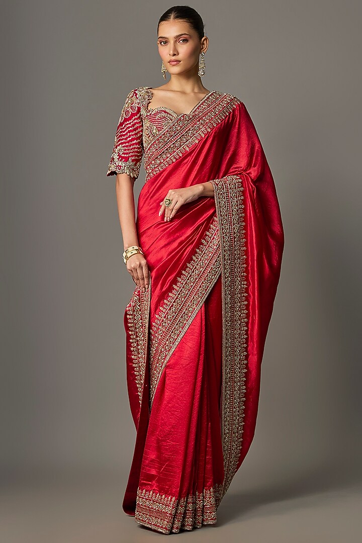 Red Silk Zardosi Work Bridal Saree Set by Jayanti Reddy at Pernia's Pop Up Shop