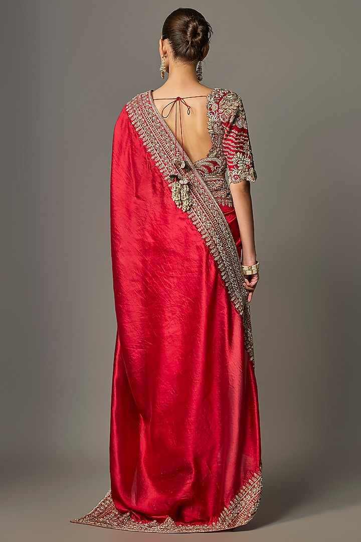 Red Silk Zardosi Work Bridal Saree Set by Jayanti Reddy at Pernia's Pop Up Shop