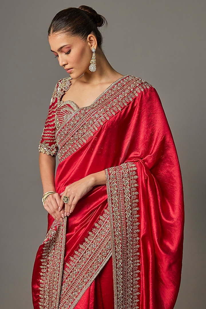 Red Silk Zardosi Work Bridal Saree Set by Jayanti Reddy at Pernia's Pop Up Shop