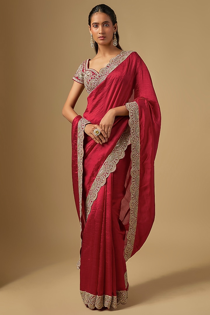 Red Silk Zardosi Work Bridal Saree Set by Jayanti Reddy at Pernia's Pop Up Shop