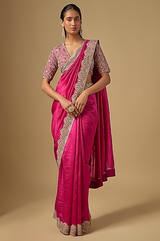Pink Silk Zardosi Work Saree Set by Jayanti Reddy