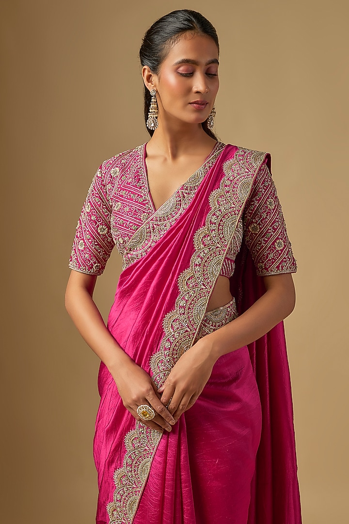 Pink Silk Zardosi Work Bridal Saree Set by Jayanti Reddy at Pernia's Pop Up Shop