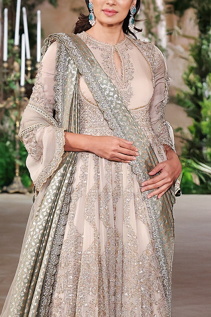Beige Organza Dori Embroidered Bridal Anarkali Set by Jayanti Reddy at Pernia's Pop Up Shop