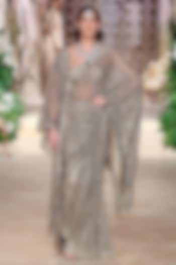 Golden Beige Net Sequin Hand Embroidered Bridal Saree Set by Jayanti Reddy at Pernia's Pop Up Shop