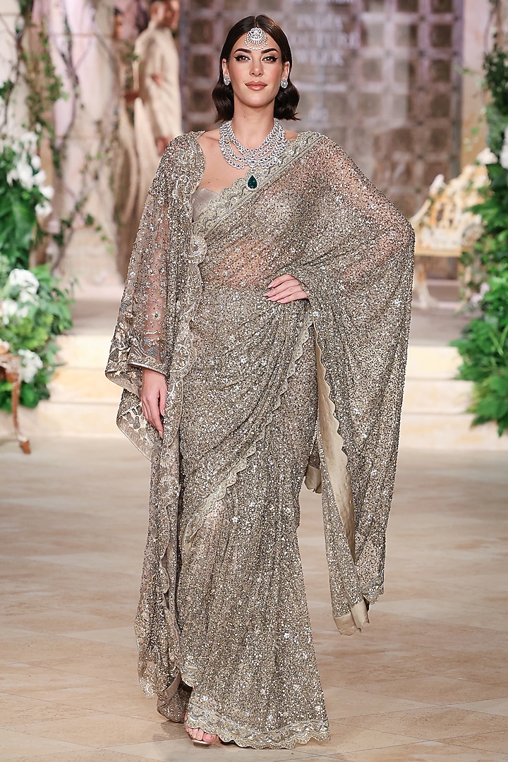 Golden Beige Net Sequin Hand Embroidered Bridal Saree Set by Jayanti Reddy at Pernia's Pop Up Shop