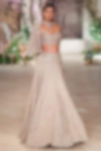 Beige Silk Dori Hand Embroidered Jacket Bridal Lehenga Set by Jayanti Reddy at Pernia's Pop Up Shop