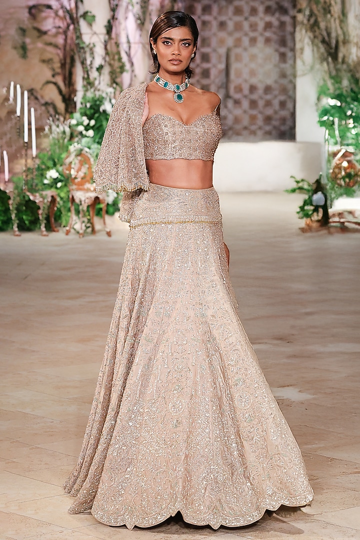 Beige Silk Dori Hand Embroidered Jacket Bridal Lehenga Set by Jayanti Reddy at Pernia's Pop Up Shop