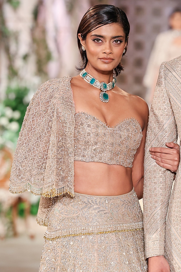 Beige Silk Dori Hand Embroidered Jacket Bridal Lehenga Set by Jayanti Reddy at Pernia's Pop Up Shop