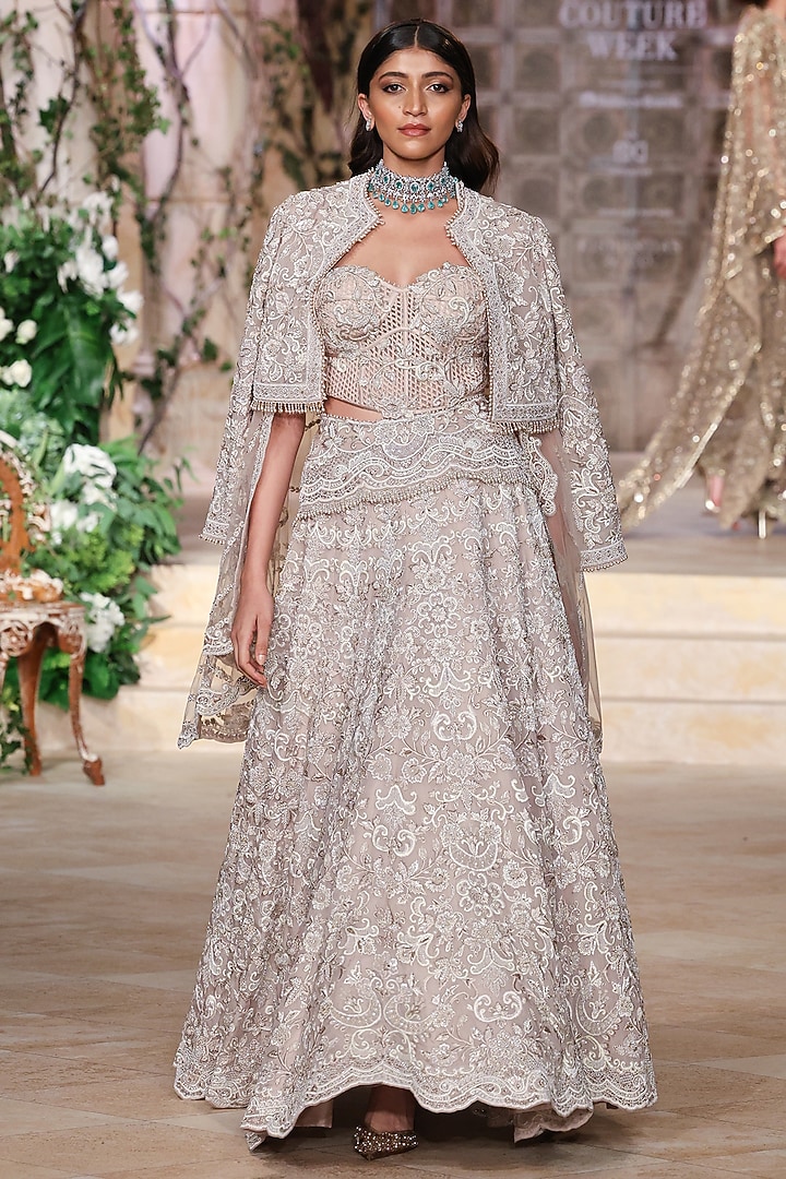 Beige Organza Aari & Zardosi Hand Embroidered Jacket Bridal Lehenga Set by Jayanti Reddy at Pernia's Pop Up Shop
