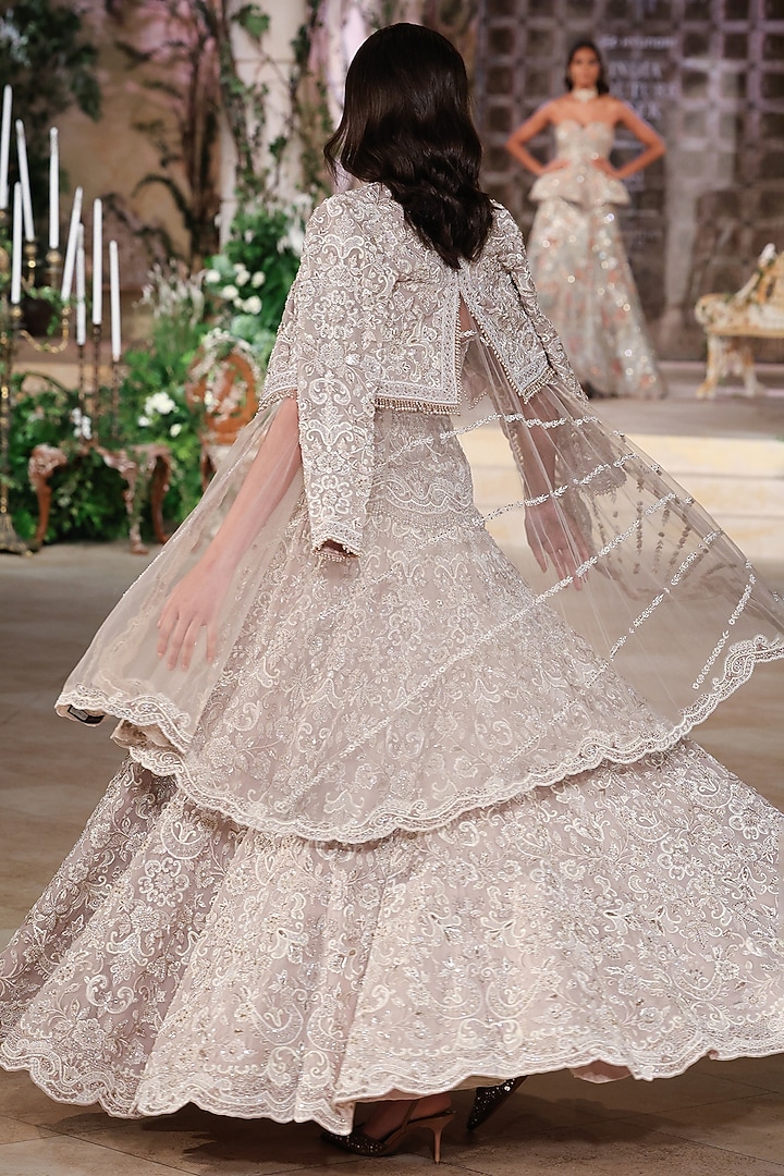 Beige Organza Aari & Zardosi Hand Embroidered Jacket Bridal Lehenga Set by Jayanti Reddy at Pernia's Pop Up Shop
