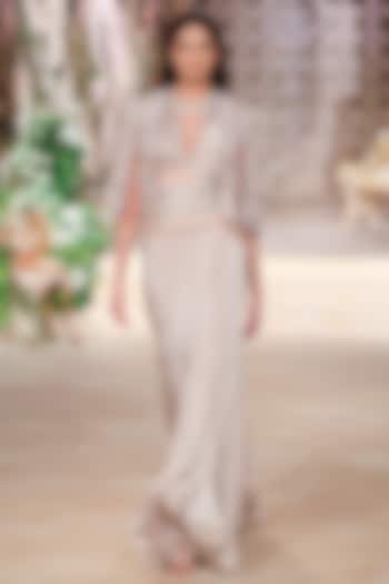 Beige Crepe Zardosi Hand Embroidered Draped Bridal Saree Set by Jayanti Reddy at Pernia's Pop Up Shop