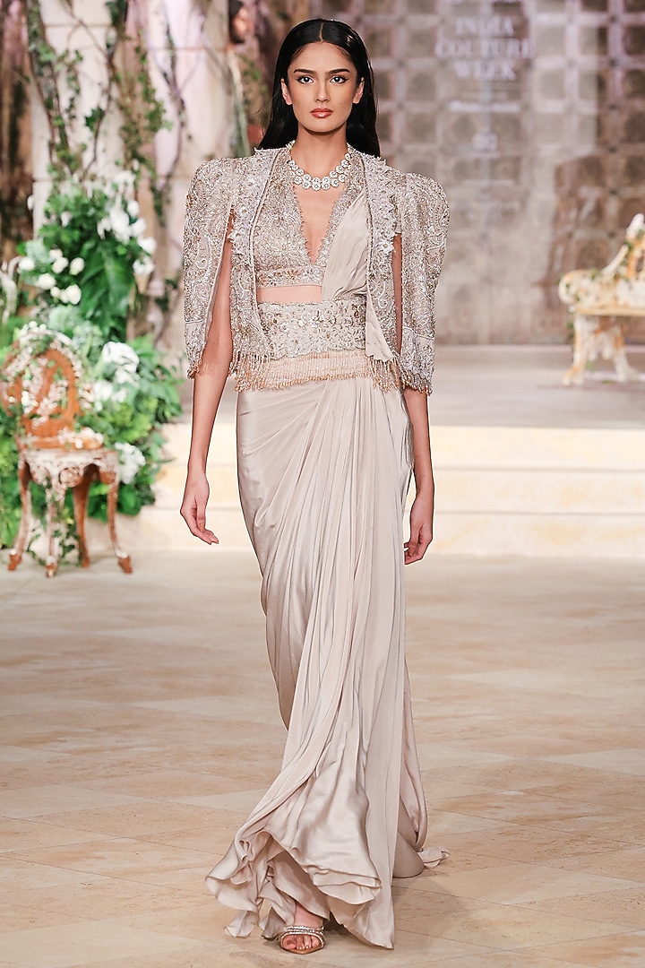 Beige Crepe Zardosi Hand Embroidered Draped Bridal Saree Set by Jayanti Reddy at Pernia's Pop Up Shop