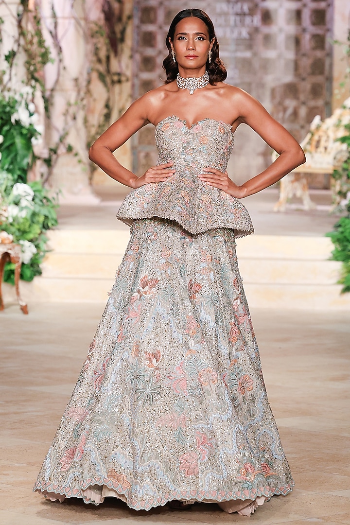 Beige Organza Sequin Hand Embroidered Bridal Lehenga Set by Jayanti Reddy at Pernia's Pop Up Shop