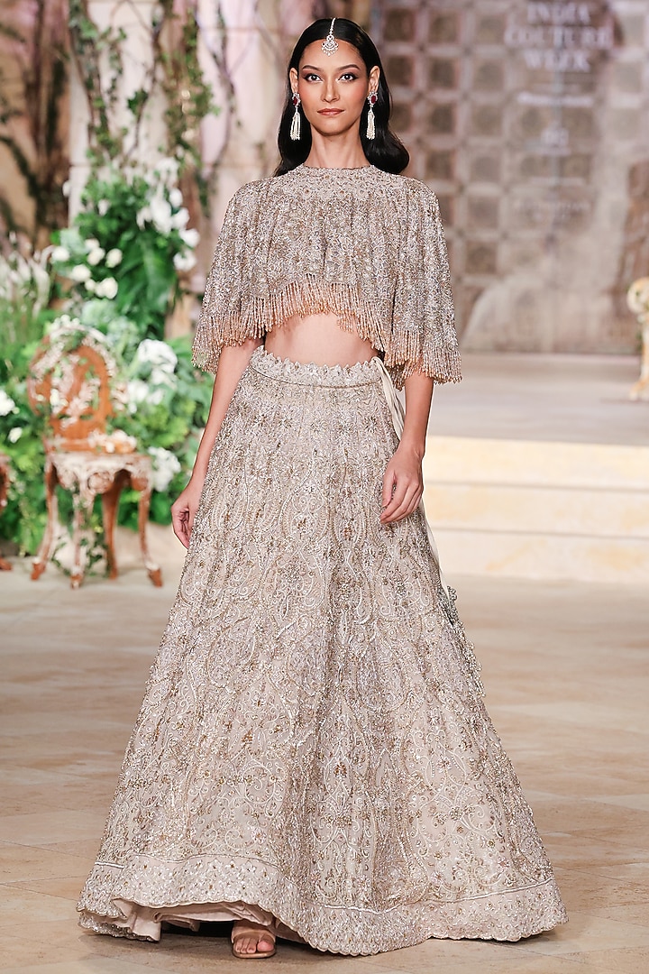 Beige Organza Zardosi Hand Embroidered Jacket Bridal Lehenga Set by Jayanti Reddy at Pernia's Pop Up Shop