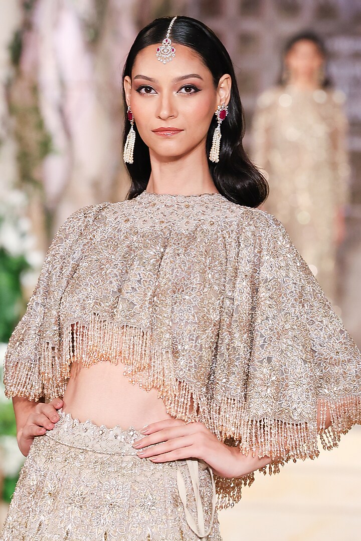Beige Organza Zardosi Hand Embroidered Jacket Bridal Lehenga Set by Jayanti Reddy at Pernia's Pop Up Shop