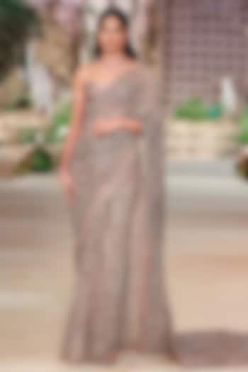 Beige Net Sequin Hand Embroidered Bridal Saree Set by Jayanti Reddy at Pernia's Pop Up Shop