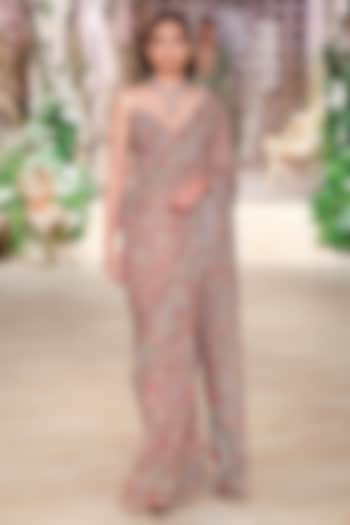 Pastel Peach Georgette Sequin Hand Embroidered Bridal Saree Set by Jayanti Reddy at Pernia's Pop Up Shop