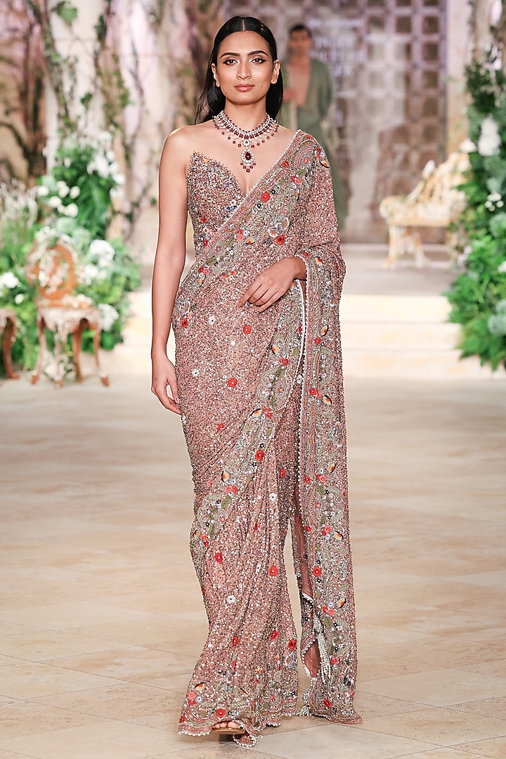 Pastel Peach Georgette Sequin Hand Embroidered Bridal Saree Set by Jayanti Reddy at Pernia's Pop Up Shop