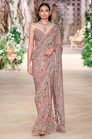 Pastel Peach Georgette Sequins Embroidered Saree Set by Jayanti Reddy