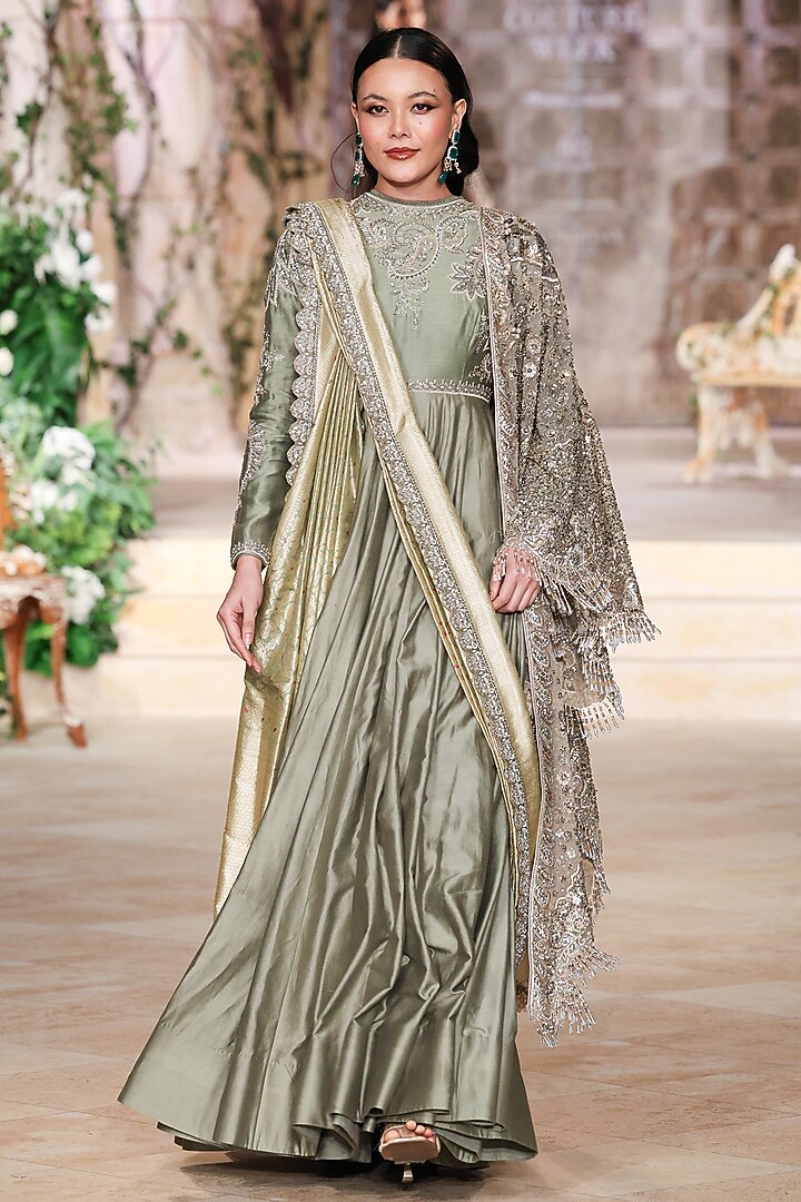 Mint Green Silk Zardosi Hand Embroidered Bridal Anarkali Set by Jayanti Reddy at Pernia's Pop Up Shop