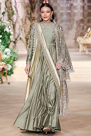 Mint Green Silk Zardosi Hand Embroidered Anarkali Set by Jayanti Reddy