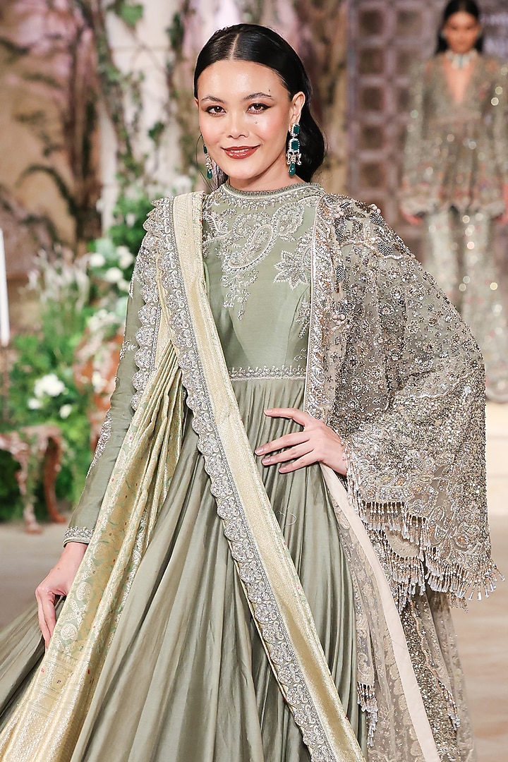 Mint Green Silk Zardosi Hand Embroidered Bridal Anarkali Set by Jayanti Reddy at Pernia's Pop Up Shop