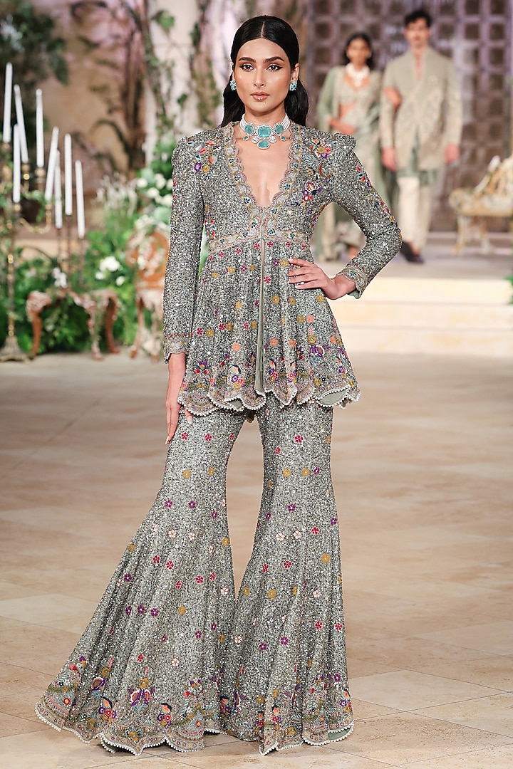 Mint Green Georgette Sequin Hand Embroidered Bridal Sharara Set by Jayanti Reddy at Pernia's Pop Up Shop