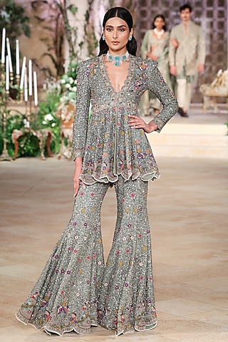 Mint Green Georgette Sequin Hand Embroidered Sharara Set by Jayanti Reddy