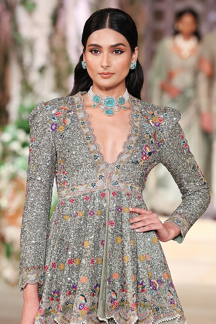 Mint Green Georgette Sequin Hand Embroidered Bridal Sharara Set by Jayanti Reddy at Pernia's Pop Up Shop
