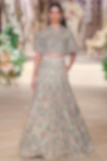 Beige Organza Sequin Hand Embroidered Jacket Bridal Lehenga Set by Jayanti Reddy at Pernia's Pop Up Shop