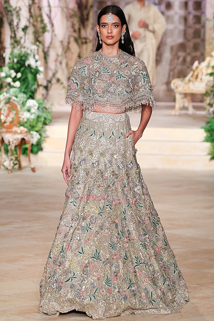 Beige Organza Sequin Hand Embroidered Jacket Bridal Lehenga Set by Jayanti Reddy at Pernia's Pop Up Shop