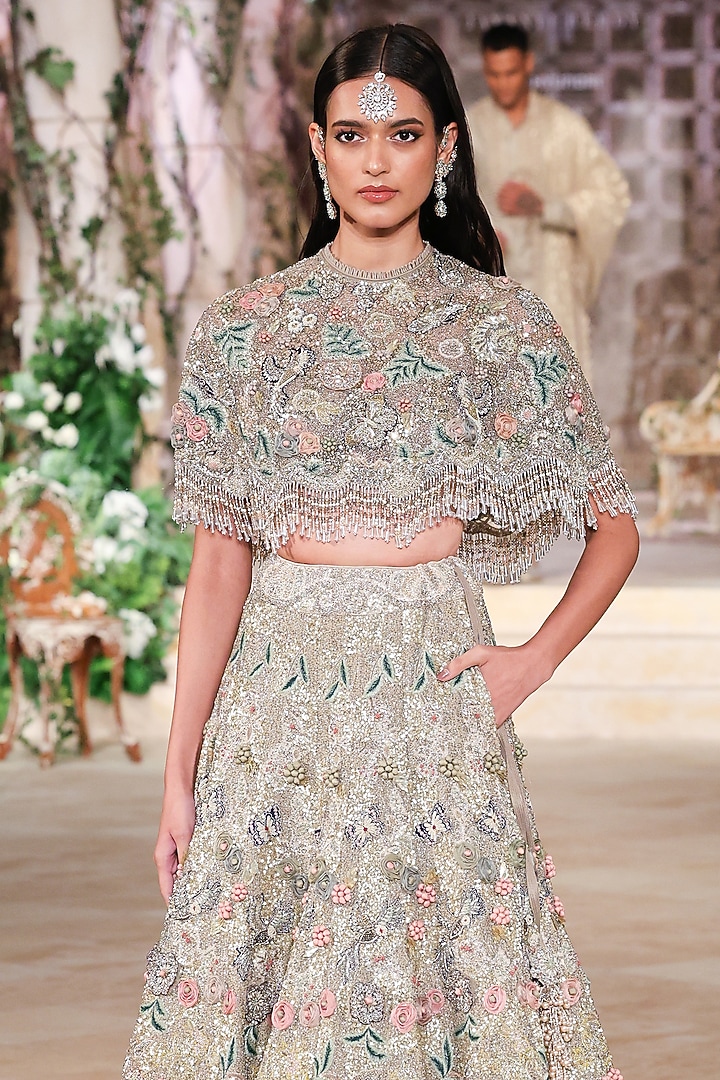 Beige Organza Sequin Hand Embroidered Jacket Bridal Lehenga Set by Jayanti Reddy at Pernia's Pop Up Shop