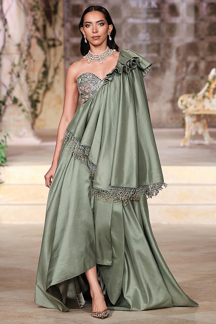 Mint Green Silk Sequin Hand Embroidered Jacket Bridal Lehenga Set by Jayanti Reddy at Pernia's Pop Up Shop