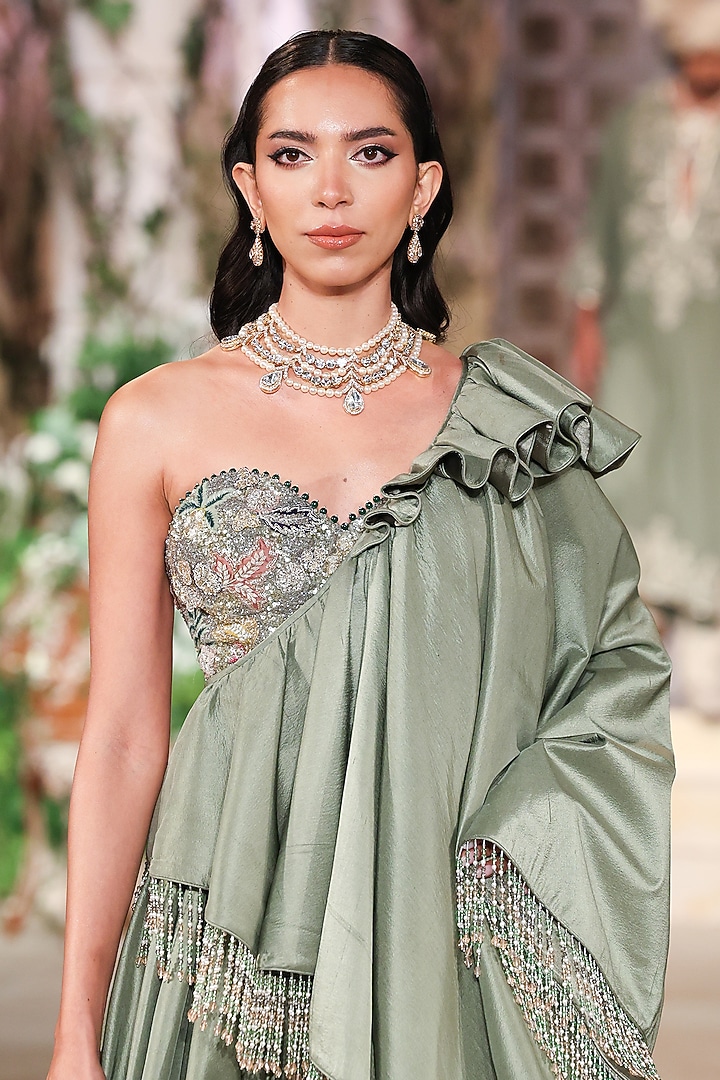 Mint Green Silk Sequin Hand Embroidered Jacket Bridal Lehenga Set by Jayanti Reddy at Pernia's Pop Up Shop