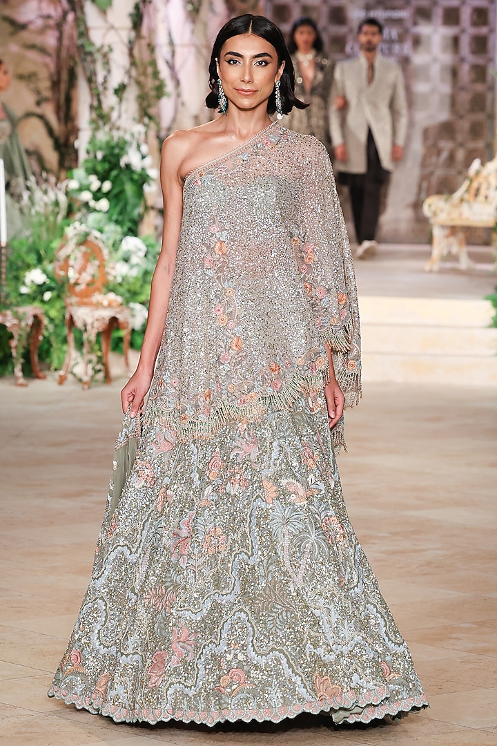 Beige Organza Sequin Hand Embroidered Jacket Bridal Lehenga Set by Jayanti Reddy at Pernia's Pop Up Shop