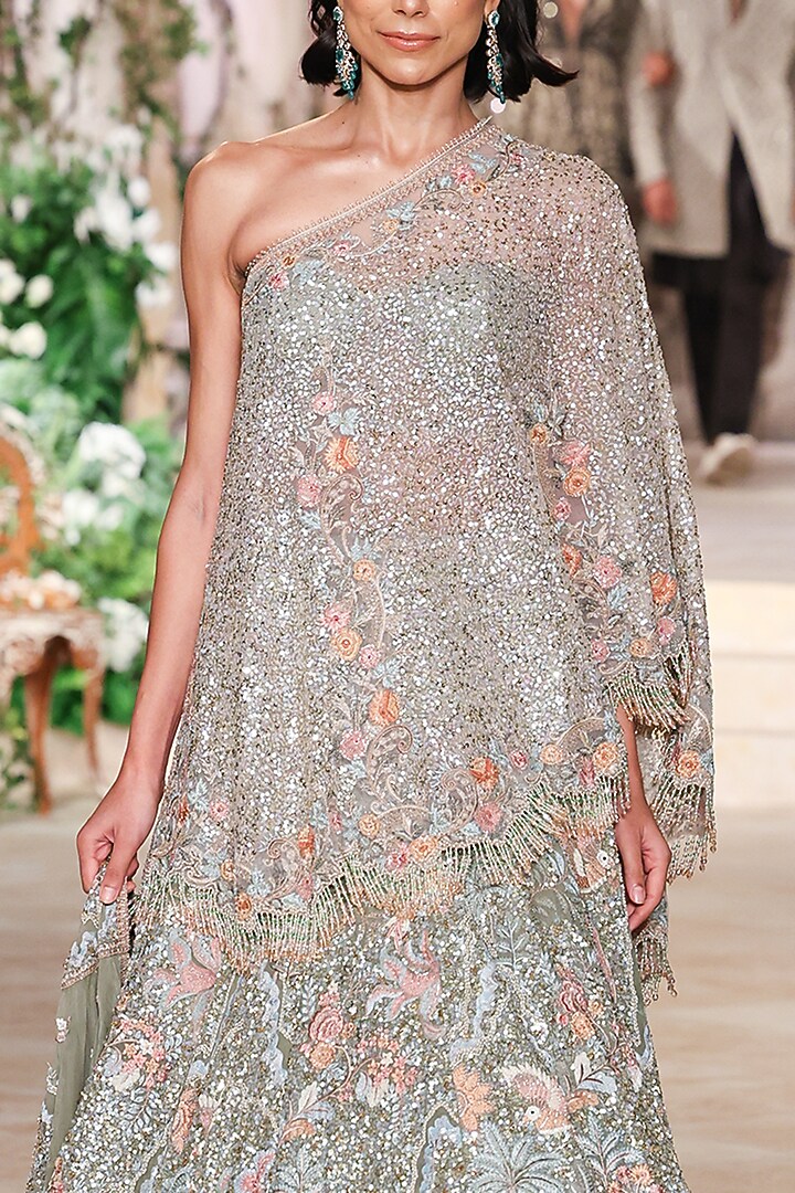 Beige Organza Sequin Hand Embroidered Jacket Bridal Lehenga Set by Jayanti Reddy at Pernia's Pop Up Shop
