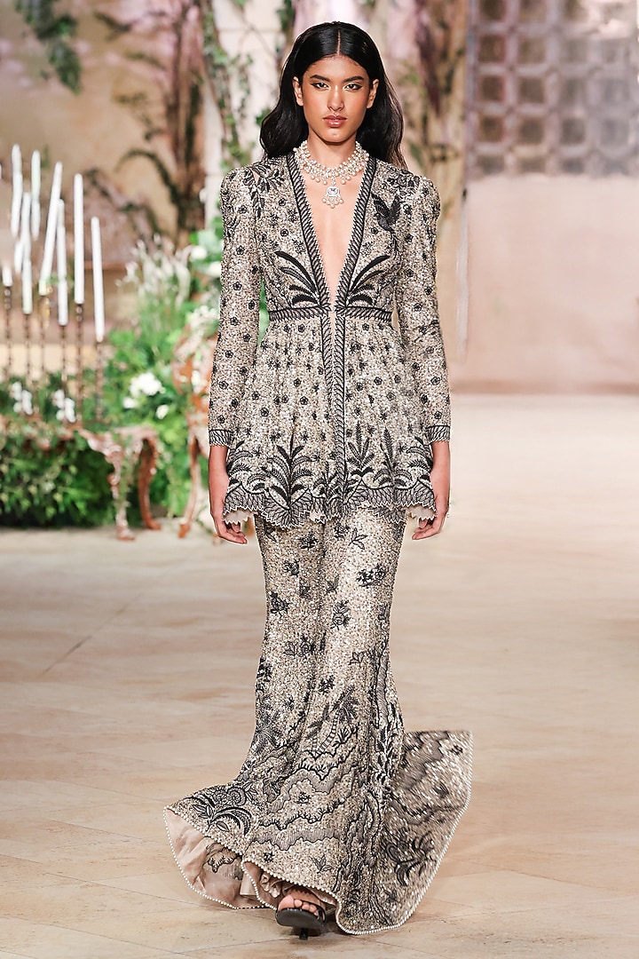 Black & Silver Georgette Sequin Hand Embroidered Bridal Sharara Set by Jayanti Reddy at Pernia's Pop Up Shop