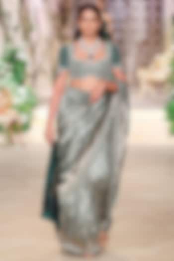 Bottle Green Banarasi Zardosi Hand Embroidered Bridal Saree Set by Jayanti Reddy at Pernia's Pop Up Shop