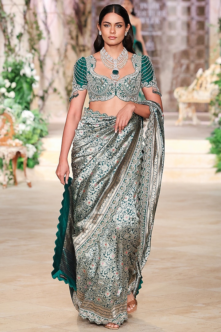 Bottle Green Banarasi Zardosi Hand Embroidered Bridal Saree Set by Jayanti Reddy at Pernia's Pop Up Shop
