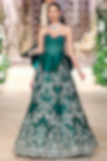 Bottle Green Raw Silk Zardosi Hand Embroidered Bridal Lehenga Set by Jayanti Reddy at Pernia's Pop Up Shop