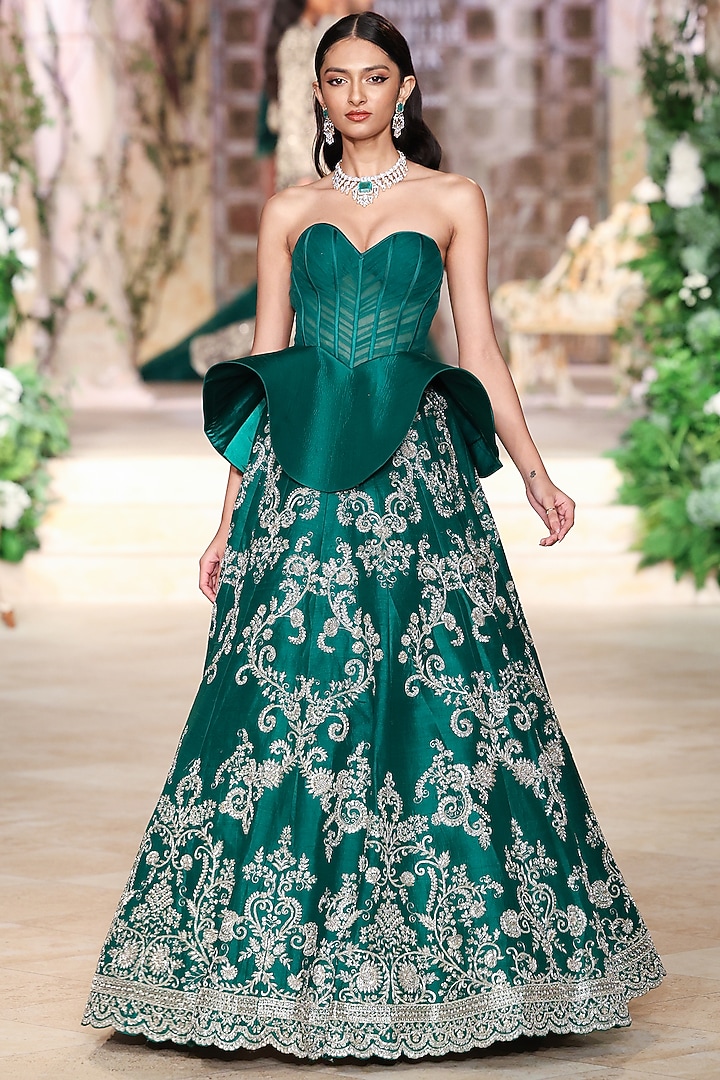 Bottle Green Raw Silk Zardosi Hand Embroidered Bridal Lehenga Set by Jayanti Reddy at Pernia's Pop Up Shop