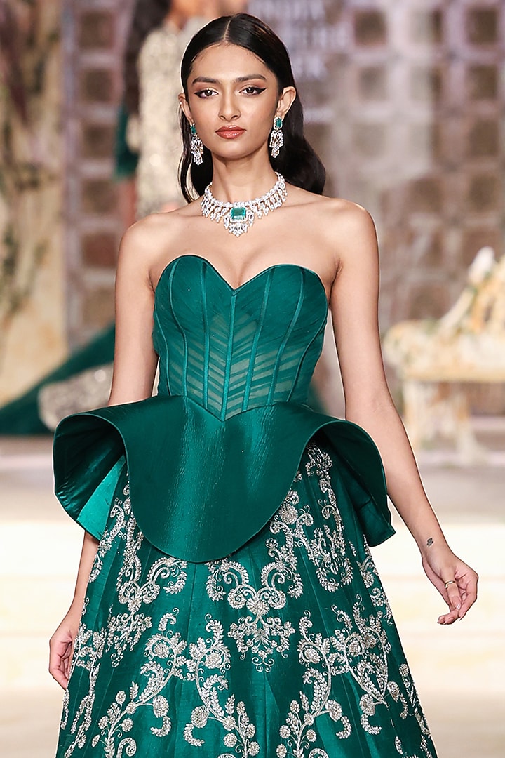 Bottle Green Raw Silk Zardosi Hand Embroidered Bridal Lehenga Set by Jayanti Reddy at Pernia's Pop Up Shop