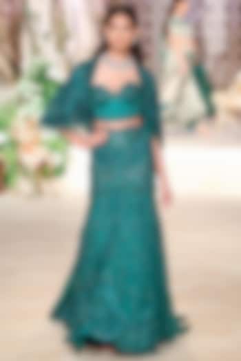 Bottle Green Net Bead Hand Embroidered Jacket Bridal Lehenga Set by Jayanti Reddy at Pernia's Pop Up Shop