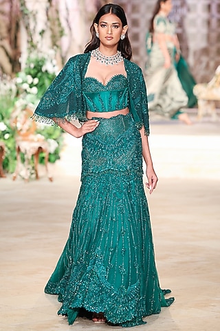 Green Net Hand Embroidered Cape Lehenga Set by Jayanti Reddy