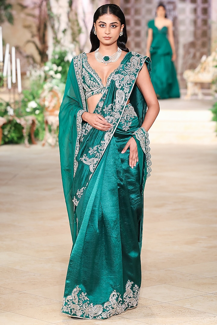 Bottle Green Silk Zardosi Hand Embroidered Bridal Saree Set by Jayanti Reddy at Pernia's Pop Up Shop