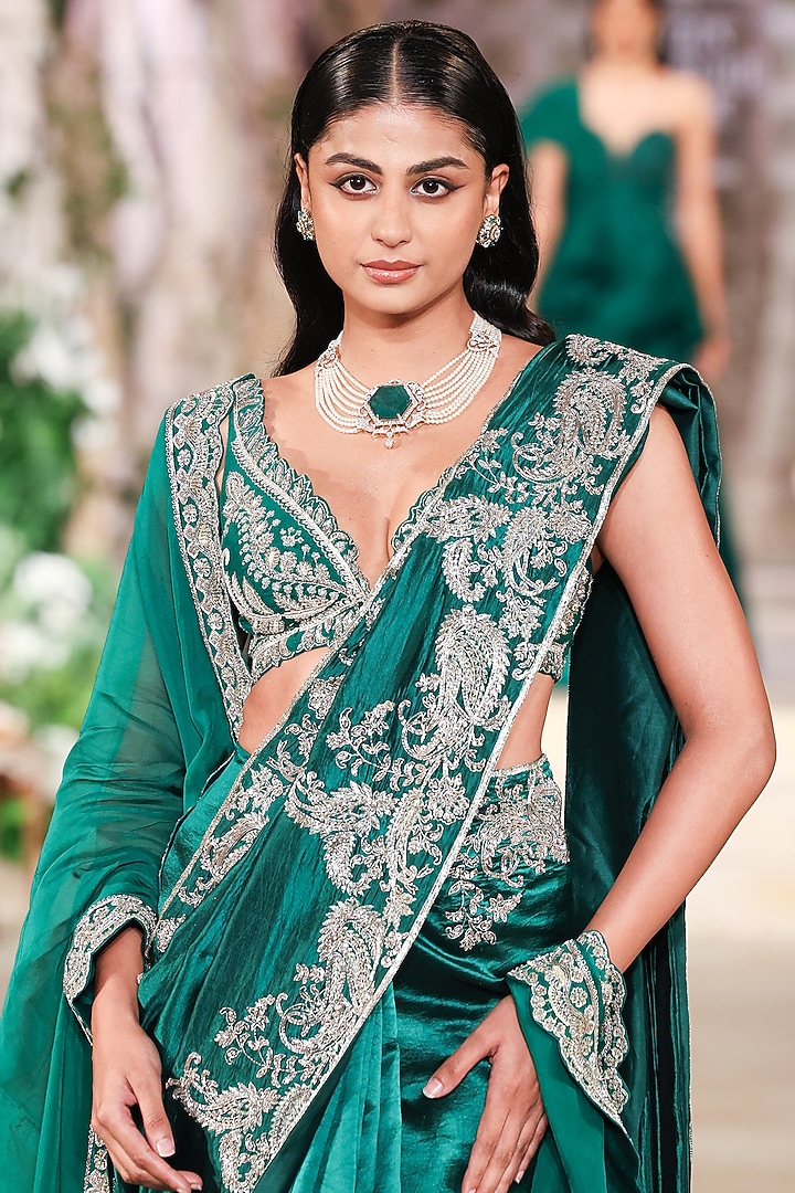 Bottle Green Silk Zardosi Hand Embroidered Bridal Saree Set by Jayanti Reddy at Pernia's Pop Up Shop