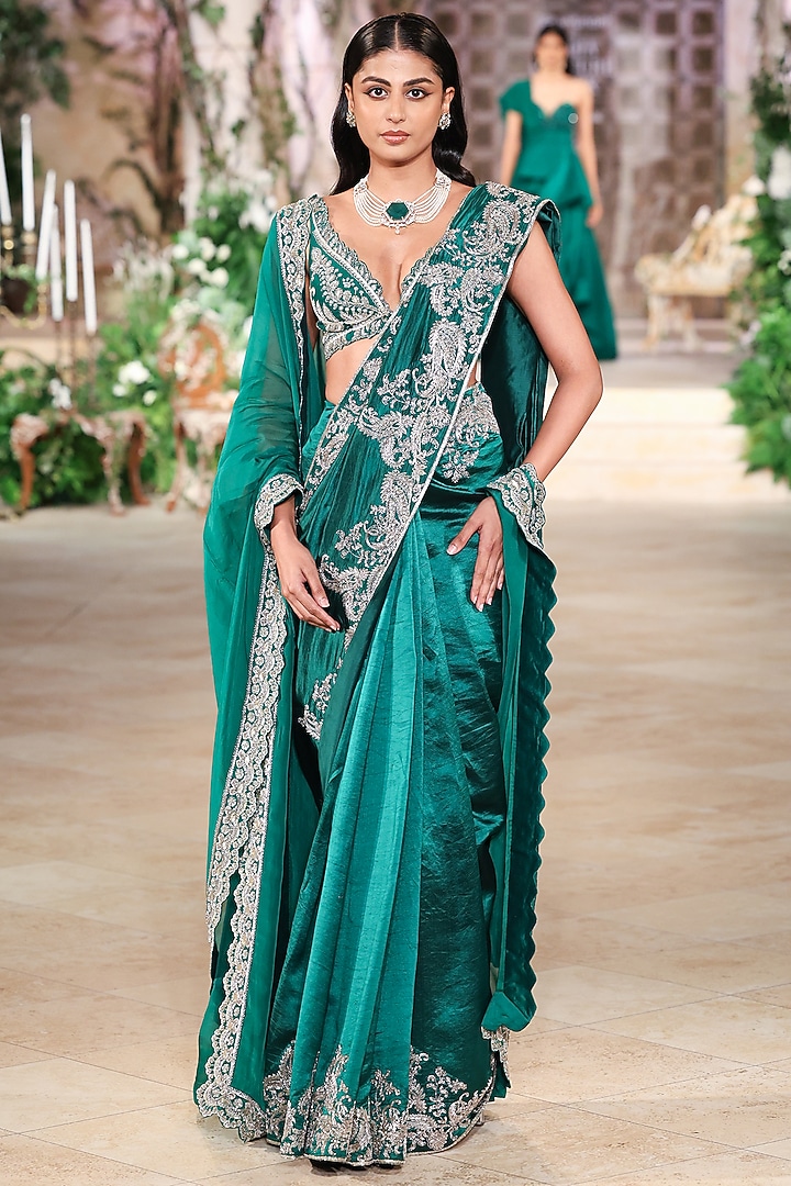 Bottle Green Silk Zardosi Hand Embroidered Bridal Saree Set by Jayanti Reddy at Pernia's Pop Up Shop