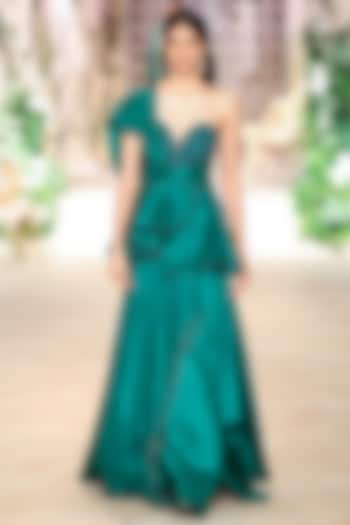 Bottle Green Silk Thread Hand Embroidered Bridal Gown by Jayanti Reddy at Pernia's Pop Up Shop